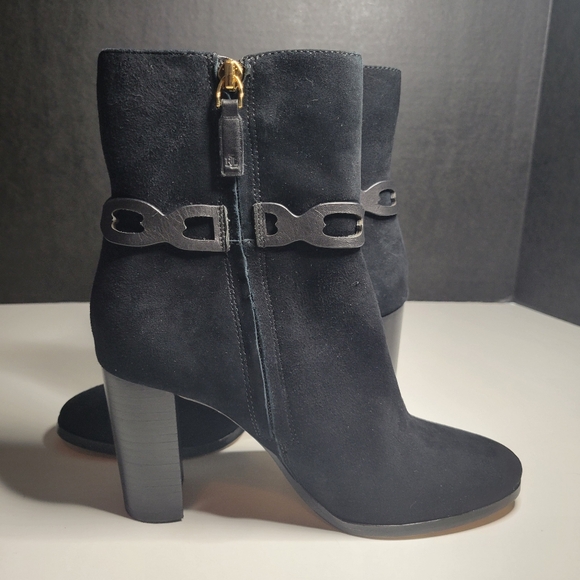 RLL Ralph Lauren Women 6 Boots Abigael Black Suede Zip Calf High Block Heel Edgy - Picture 5 of 15